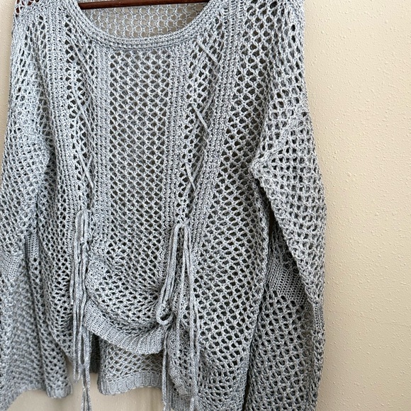Rebecca Elliot Gray Open Knit Mesh Sweater | Tie Side Pullover | Size M - Picture 4 of 7